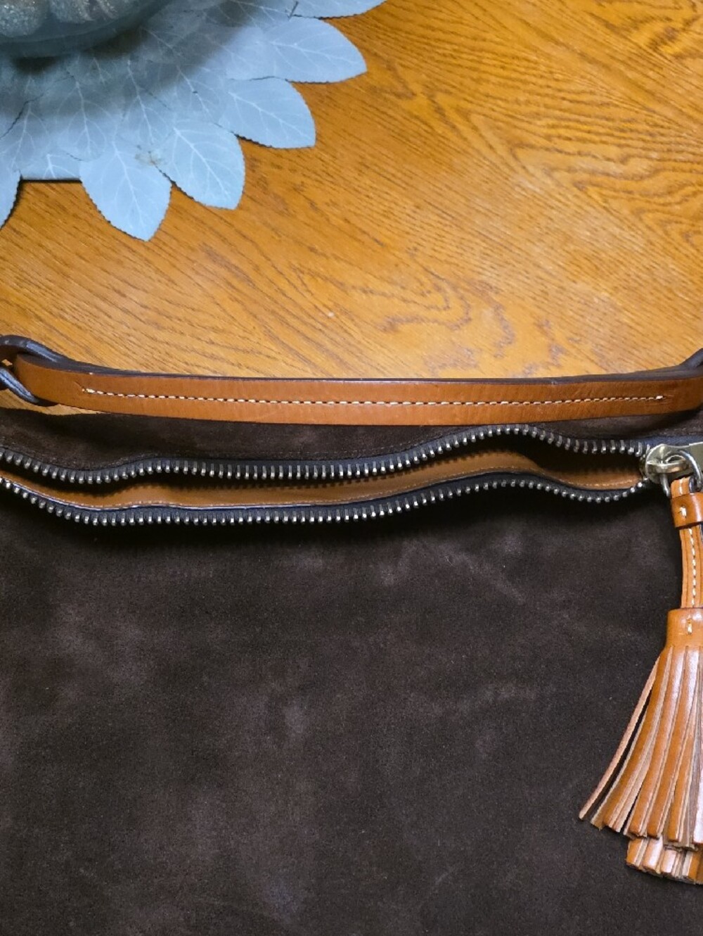 Dooney & Bourke Dark Brown Suede Shoulder Hobo with Tan Leather Trim - Picture 7 of 12